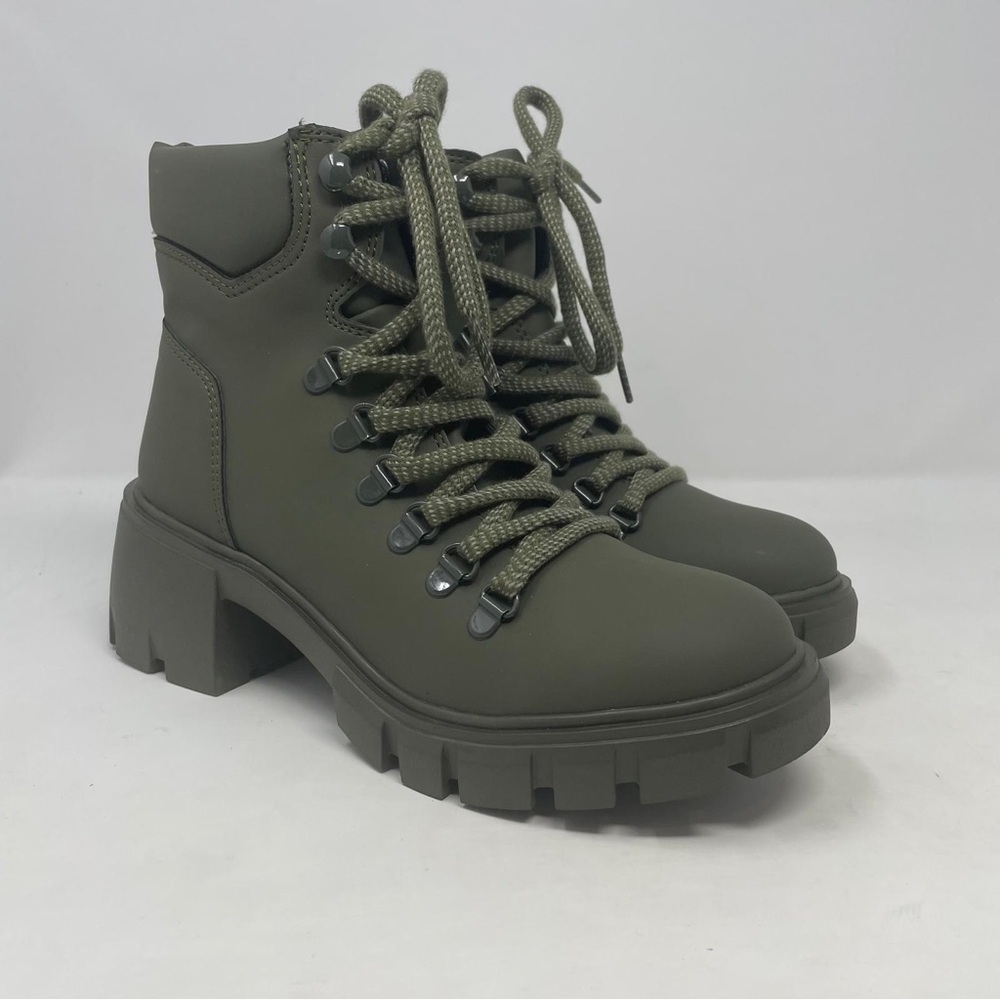 Aqua Reign Block Heel Water Resistant Platform Combat Boots in Olive Green - NWT - Picture 8 of 13